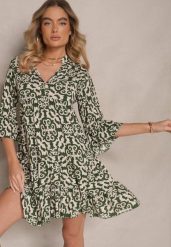 Zielona Sukienka Bawełniana o Rozkloszowanym Kroju w Etniczny Print Zalivine. Zielone sukienki damskie Renee, na co dzień, na lato, l, z aplikacjami, z bawełny, eleganckie, bez kołnierzyka, bez ramiączek, mini, rozkloszowane. Za 39.99 zł.