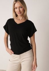 Czarny T-shirt z Wiskozy z Trójkątnym Dekoltem Achiore. Czarne bluzki damskie Born2be, l, bez wzorów, z jeansu, klasyczne, bez kołnierzyka, bez ramiączek. Za 79.99 zł.