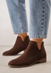 Brązowe Płaskie Botki VICES z Ozdobnymi Wycięciami po Bokach i Suwakiem z Tyłu Isirelin. Brązowe botki damskie Born2be, z jeansu, biznesowe, bez obcasa, na płaskiej podeszwie, bez zapięcia. Za 109.99 zł.