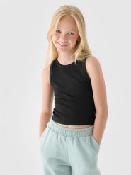 4F Crop top z prążkowanej dzianiny dziewczęcy - czarny 122 (6-7 lat). Czarne t-shirty i topy dla dziewczynek 4f, bez wzorów, z dzianiny, bez ramiączek. W wyprzedaży za 9.99 zł.