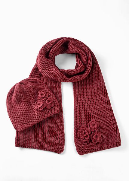 Szal + czapka (2 części). Czerwone czapki i kapelusze damskie bonprix, na zimę, z aplikacjami. Za 99.99 zł.