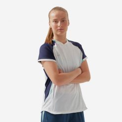 Koszulka do piłki nożnej damska Kipsta prosty krój. Białe koszulki sportowe damskie KIPSTA, xl, bez wzorów, z materiału, sportowe, bez kołnierzyka. W wyprzedaży za 59.99 zł.
