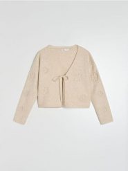 Kardigan z dekoracyjnym wiązaniem i aplikacjami w kształcie kwiatów - beżowy. Brązowe kardigany damskie Sinsay, l, z aplikacjami. Za 49.99 zł.