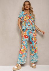 Jasnoniebieski Letni Komplet z Wiskozy w Boho Wzór z Szerokimi Spodniami i Bluzką Wiagia. Niebieskie bluzki damskie Renee, s, bez wzorów, z wiskozy, boho, bez kołnierzyka, bez ramiączek. Za 59.99 zł.