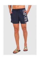 EMPORIO ARMANI Granatowe męskie szorty kąpielowe z białym logo, Rozmiar 50. Niebieskie kąpielówki męskie Emporio Armani, m, bez wzorów. W wyprzedaży za 229.99 zł.
