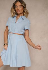 Niebieska Sukienka Koszulowa z Cienkim Paskiem w Talii Weolessa. Niebieskie sukienki damskie Renee, na co dzień, na lato, l, bez wzorów, z jeansu, eleganckie, bez kołnierzyka, bez ramiączek, mini, koszulowe. Za 84.99 zł.
