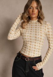 Biało-Beżowa Bluzka Longsleeve z Golfem z Bawełny w Geometryczny Print Zadanevia. Białe bluzki damskie Renee, l, bez wzorów, z bawełny, eleganckie, bez kołnierzyka, bez ramiączek. Za 49.99 zł.
