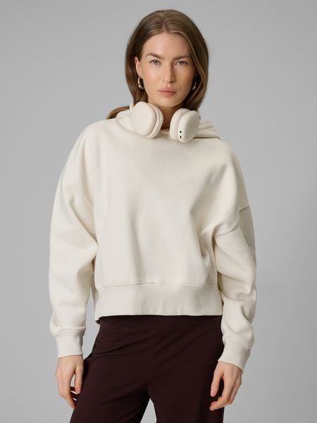4F Bluza dresowa regular z kapturem damska - biała L. Białe bluzy damskie 4f, l, bez wzorów, z dresówki, bez kołnierzyka, bez ramiączek, z kapturem. Za 159.99 zł.