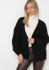 Czarny Niezapinany Kardigan Oversize z Domieszką Wełny i Wiskozy Tianavia. Czarne kardigany damskie Born2be, bez wzorów, z jeansu, długie. Za 169.99 zł.