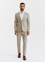 PAKO LORENTE – Beżowe spodnie męskie w kratę. Brązowe eleganckie spodnie męskie Pako Lorente, m, bez wzorów, z elastanu. Za 149.99 zł.