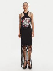Versace Jeans Couture Sukienka codzienna Logo Fringes 78HAOE01 CJ02E Czarny Regular Fit. Czarne sukienki damskie Versace Jeans Couture, na co dzień, m, bez wzorów, z bawełny, bez kołnierzyka, bez ramiączek, proste. Za 729.99 zł.
