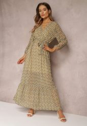 Żółto-Zielona Sukienka Kopertowa z Falbanką i Wiązanym Paskiem Gjerana. Żółte sukienki damskie Renee, na spacer, l, bez wzorów, eleganckie, bez kołnierzyka, bez ramiączek, maxi, kopertowe. Za 119.99 zł.