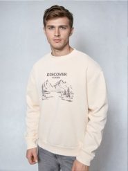 Bluza crewneck z nadrukiem - beżowy. Brązowe bluzy męskie Sinsay, l, bez wzorów, bez kaptura. Za 39.99 zł.