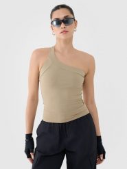 4F Crop-top slim z asymetrycznym ramiączkiem damski - beżowy L. Brązowe koszulki sportowe damskie 4f, l, bez wzorów, z dzianiny, z asymetrycznym kołnierzem, bez ramiączek. W wyprzedaży za 19.99 zł.