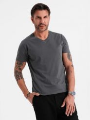 Męska klasyczna bawełniana koszulka z dekoltem w serek BASIC – grafitowa V3 OM-TSBS-0237 - XXL. Szare t-shirty męskie Ombre Clothing, l, bez wzorów, z bawełny, klasyczne, bez kołnierzyka. W wyprzedaży za 39.99 zł.