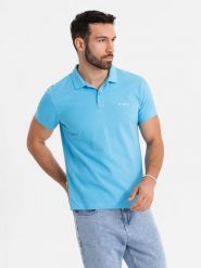 Koszulka polo z bawełnianej dzianiny pique jasnoniebieska V3 OM-POSS-0103 XL. Niebieskie koszulki polo męskie Ombre, m, bez wzorów, z bawełny, bez ramiączek. Za 257.18 zł.