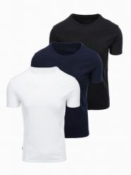 Zestaw męskich t-shirtów bawełnianych BASIC z okrągłym dekoltem – czarny/biały/granatowy V1. Białe t-shirty męskie Ombre Clothing, m, bez wzorów, z bawełny, biznesowe, bez kołnierzyka. Za 169.99 zł.