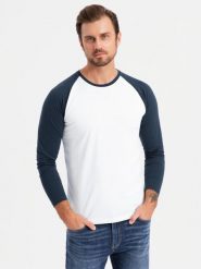 Męski longsleeve z kontrastowymi raglanowymi rękawami biało-granatowy V1 OM-LSCL-0105 XXL. Białe bluzki z długim rękawem męskie Ombre, m, bez wzorów, bez kołnierzyka. Za 134.65 zł.