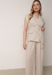 Beżowy Elegancki Komplet Garniturowy z Wiskozy Spodnie i Kamizelka z Paskiem Amwyn. Brązowe spodnie materiałowe damskie Born2be, l, bez wzorów, z wiskozy. Za 199.99 zł.