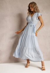 Jasnoniebieska Sukienka Tantysus. Niebieskie sukienki damskie Renee, na co dzień, na lato, l, bez wzorów, z materiału, bez kołnierzyka, bez ramiączek, maxi, kopertowe. Za 84.99 zł.