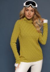 Zielony Golf z Wiskozą w Tłoczony Wzór Przeszyty Metaliczną Nitką Neldora. Zielone swetry damskie Renee, na zimę, bez wzorów, z jeansu, eleganckie, bez kołnierzyka, bez ramiączek, bez kaptura. Za 79.99 zł.