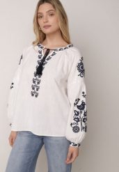 Biała Bawełniana Bluzka Boho z Ozdobnym Haftem i Sznurkiem z Frędzlami Lamegenia. Białe bluzki damskie Born2be, m, bez wzorów, z bawełny, biznesowe, bez kołnierzyka, bez ramiączek. Za 129.99 zł.