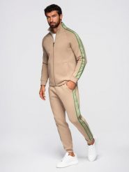 Komplet dresowy męski bluza rozpinana + spodnie dresowe joggery - jasnobrązowy V1 - Rozmiar: S. Brązowe bluzy męskie Ombre Clothing, m, bez wzorów, z bawełny, na fitness i siłownię. Za 399.99 zł.