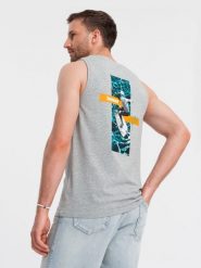 Bawełniany tank top męski z nadrukiem Summer Vibe – szary melanż V3 - Rozmiar: XL. Szare t-shirty męskie Ombre Clothing, na lato, m, bez wzorów, z bawełny, eleganckie, bez kołnierzyka. W wyprzedaży za 39.99 zł.