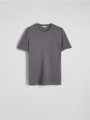 T-shirt regular fit z aplikacją - ciemnoszary. Szare t-shirty męskie Reserved, l, z aplikacjami, z dzianiny, bez kołnierzyka. W wyprzedaży za 35.99 zł.