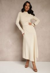 Beżowa Asymetryczna Sukienka Koktajlowa z Ozdobnymi Guzikami Dralriti. Brązowe sukienki damskie Renee, m, bez wzorów, eleganckie, z asymetrycznym kołnierzem, bez ramiączek, maxi, asymetryczne. Za 159.99 zł.
