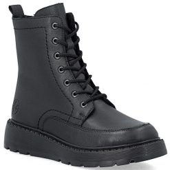 Skórzane botki damskie workery na platformie czarne Rieker 70410-00. Czarne botki damskie Rieker, ze skóry, bez obcasa, na platformie, bez zapięcia. Za 429.00 zł.