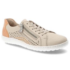 Półbuty damskie Rieker, ze skóry naturalnej licowej ażurowa cholewka zamek i sznurowanie lekka podeszwa, beżowe, 52824-60. Brązowe półbuty damskie Rieker, w ażurowe wzory, z materiału, eleganckie, bez obcasa, bez zapięcia. Za 329.00 zł.