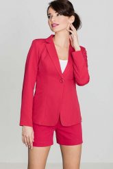 Elegancki Czerwony Żakiet na Jeden Guzik z wywijanym Mankietem. Czerwone żakiety damskie Katrus, l, bez wzorów, z materiału, eleganckie. Za 249.00 zł.
