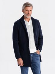 Płaszcz męski klasyczny jednorzędowy - granatowy V1. Niebieskie płaszcze męskie Ombre Clothing, na wiosnę, m, bez wzorów, eleganckie, bez kaptura. W wyprzedaży za 199.99 zł.