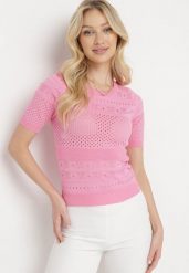 Różowa Ażurowa Bluzka z Krótkim Rękawem Alirada. Czerwone bluzki damskie Born2be, xs, w ażurowe wzory, bez kołnierzyka, bez ramiączek. Za 74.99 zł.