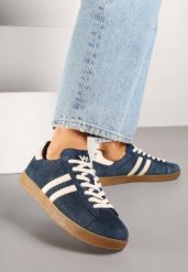 Granatowe Sneakersy Tenisówki Ozdobione Paskami Nilavara. Niebieskie trampki i tenisówki damskie Renee, bez wzorów, z jeansu, eleganckie, bez zapięcia. Za 159.99 zł.