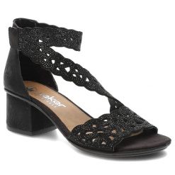 Sandały damskie Rieker, cholewka ze skóry ekologicznej ażurowa z cyrkonami fason elegancki na stabilnym obcasie, czarne, 64657-00. Czarne klapki damskie Rieker, w ażurowe wzory, ze skóry ekologicznej, eleganckie, bez obcasa, na obcasie. Za 339.00 zł.