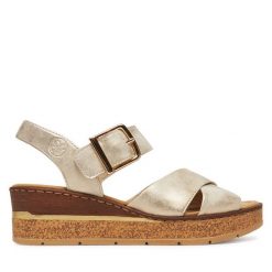 Sandały Rieker. Brązowe sandały damskie Rieker, bez wzorów, bez obcasa, na koturnie, bez zapięcia. Za 329.99 zł.