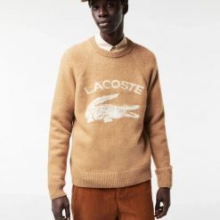 Sweter turystyczny męski Lacoste AH0447 gruby brązowy z alpaką i wełną. Brązowe swetry przez głowę męskie Lacoste, m, bez wzorów, z materiału, bez kołnierzyka. Za 647.00 zł.