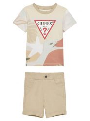 Guess Komplet t-shirt i spodenki N5GG05 K8HM4 Beżowy Regular Fit. Brązowe szorty dla chłopców Guess, z aplikacjami, z bawełny. Za 149.99 zł.