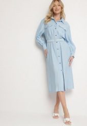 Niebieska Wiskozowa Sukienka o Koszulowym Kroju z Paskiem z Klamrą i Kieszeniami Lisavianna. Niebieskie sukienki damskie Born2be, do pracy, l, bez wzorów, z jeansu, biznesowe, bez kołnierzyka, bez ramiączek, maxi, koszulowe. Za 139.99 zł.