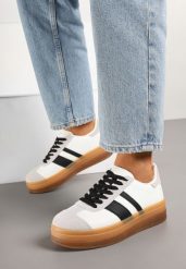 Biało-Czarne Płaskie Sneakersy Ozdobione Paskami Norili. Białe obuwie sportowe damskie Born2be, bez wzorów, z dresówki. Za 79.99 zł.