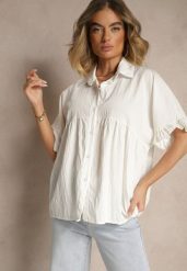 Biała Koszula z Wiskozą Ozdobiona Falbankami Oleldi. Białe bluzki damskie Renee, bez wzorów, z jeansu, eleganckie, bez kołnierzyka, bez ramiączek. Za 54.99 zł.