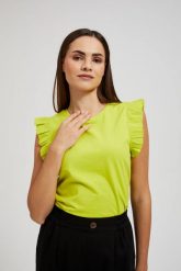 Bluzka z falbaną na ramionach limonkowa. Bluzki damskie MOODO, s, bez wzorów, bez kołnierzyka. W wyprzedaży za 24.99 zł.
