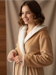 Ocieplany szlafrok z kapturem - beżowy. Brązowe szlafroki damskie Sinsay, l, bez wzorów, bez ramiączek, z kapturem. Za 79.99 zł.