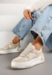Beżowe Sneakersy z Brokatowymi Zdobieniami na Platformie Deovirae. Brązowe obuwie sportowe damskie Renee, z aplikacjami, z jeansu. Za 79.99 zł.