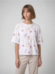Bawełniana koszulka z motywem roślinnym - Inny. T-shirty damskie Sinsay, l, bez wzorów, z bawełny, bez kołnierzyka. Za 25.99 zł.