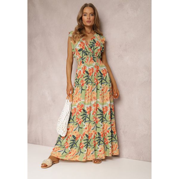 Zielona Sukienka z Wiskozy Biran. Zielone sukienki damskie Renee, na imprezę, na lato, l, z aplikacjami, z wiskozy, bez kołnierzyka, bez ramiączek, maxi, kopertowe. Za 79.99 zł.