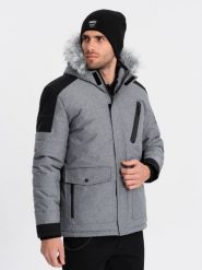 Zimowa kurtka męska z regulowanym kapturem z odpinanym futerkiem - szaro-czarna V1 - Rozmiar: XL. Szare kurtki męskie Ombre Clothing, na zimę, m, bez wzorów. W wyprzedaży za 199.99 zł.
