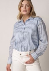 Niebieska Bawełniana Koszula Oversize w Pionowe Paski z Gumką Kycer. Niebieskie bluzki damskie Born2be, l, bez wzorów, z bawełny, eleganckie, bez kołnierzyka, bez ramiączek. Za 119.99 zł.